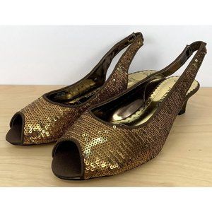J. RENEE Gold Sequin Ankle Strap Open Toe Kitten Heels Shoes Size 7 W BELVA